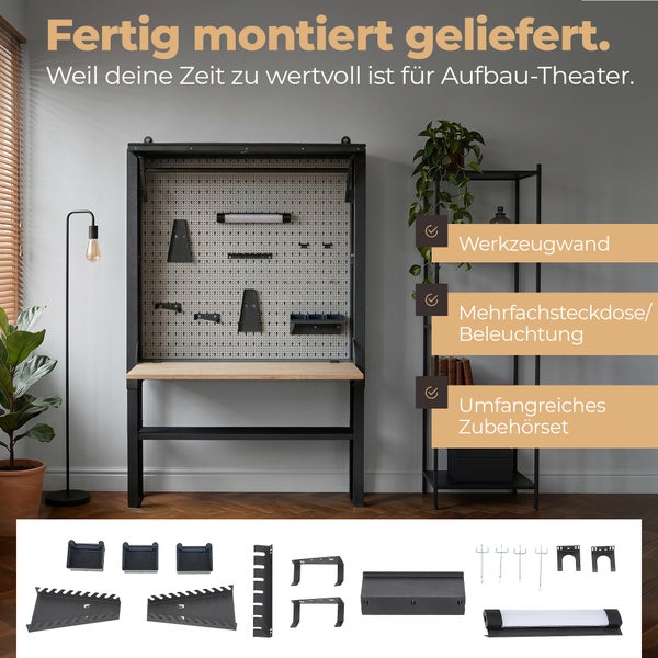 Komplett montierte, modern organisierte Werkbank aus Metall und Holz mit Lochwand, integrierter Beleuchtung, Mehrfachsteckdose und Zubehörset.