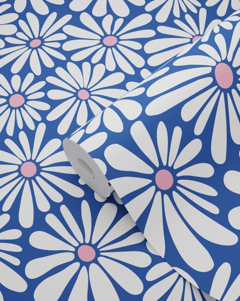 ESTAhome Tapete Gänseblümchen Blau und Rosa - 50 x 900 cm - 131150