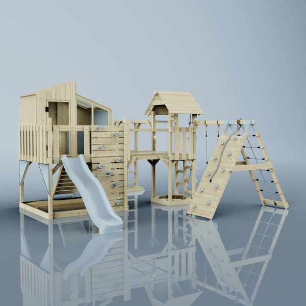 Holzspielplatz mit Rutsche, Kletterwand und Klettergerüst