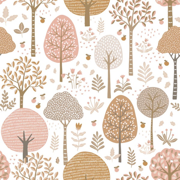ESTAhome Tapete bewaldete Landschaft Rosa, Braun und Weiß - 50 x 900 cm - 139799
