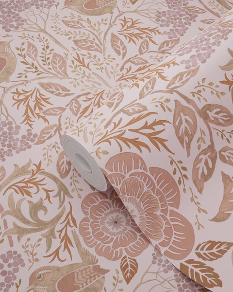 ESTAhome Tapete Blumen und Vögel Violett und Terrakottarosa - 53 cm x 10.05 m - 139830