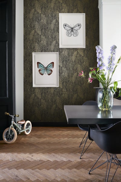 ESTAhome Tapete gezeichnete Blätter Schwarz und Gold - 53 cm x 10.05 m - 139126