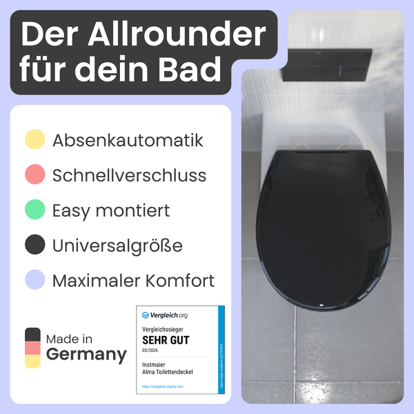 Schwarzer Toilettensitz mit Absenkautomatik, Schnellverschluss, einfacher Montage, Universalgröße, hergestellt in Deutschland und Testurteil sehr gut.