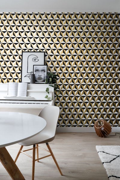 ESTAhome Tapete grafisches Motiv Gold, Weiß und Schwarz - 53 cm x 10.05 m - 139118