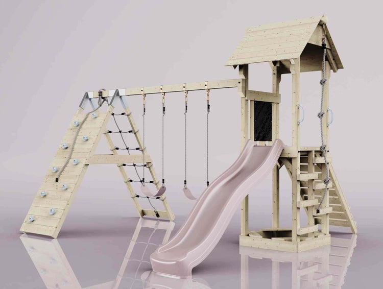 Spielturm aus Holz mit Wellenrutsche, zwei Schaukeln, Kletterwand mit Klettergriffen, Klettertau, Strickleiter und integriertem Sandkasten.
