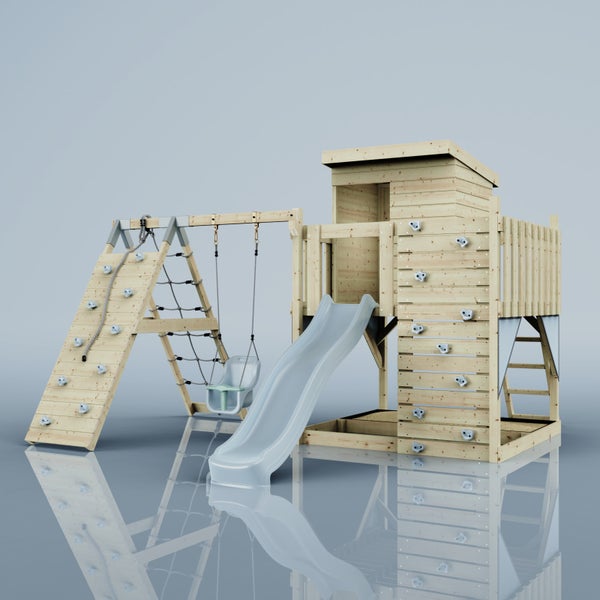 Kinderspielturm aus Holz mit Rutsche, Babyschaukel, Kletterwand, Kletternetz und Spielhaus mit Dach.