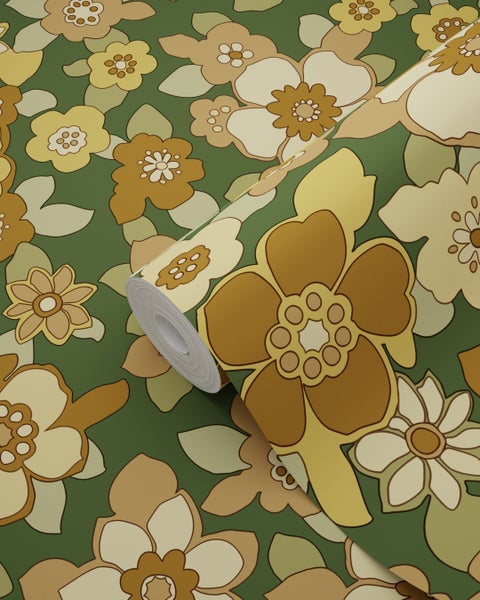 ESTAhome Tapete Retro Blumen Dunkelgrün und Gelb - 50 x 900 cm - 131528