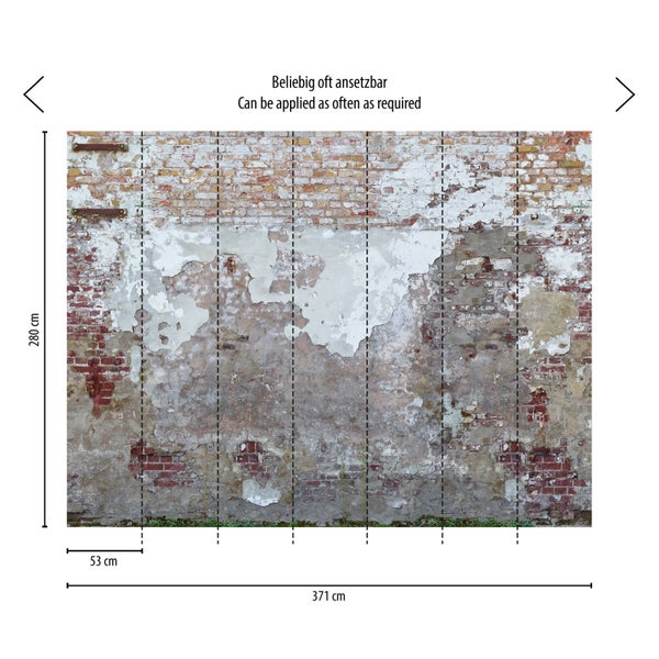 Fototapete mit Backsteinmauer und Putz, Maße 371 cm breit und 280 cm hoch