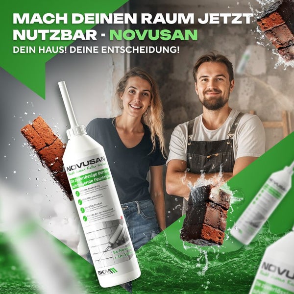 Werbebild für Novusan Injektionscreme gegen Feuchtigkeit mit einer Frau und einem Mann in einem renovierten Raum sowie Produktkartuschen.