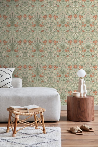 ESTAhome Tapete Blumenmuster im Jugendstil Grün und Terrakotta - 50 x 900 cm - 131180