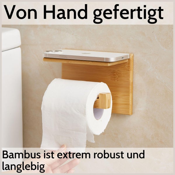 Handgefertigter, robuster Toilettenpapierhalter aus Bambus mit Smartphone-Ablage, zur Wandmontage.