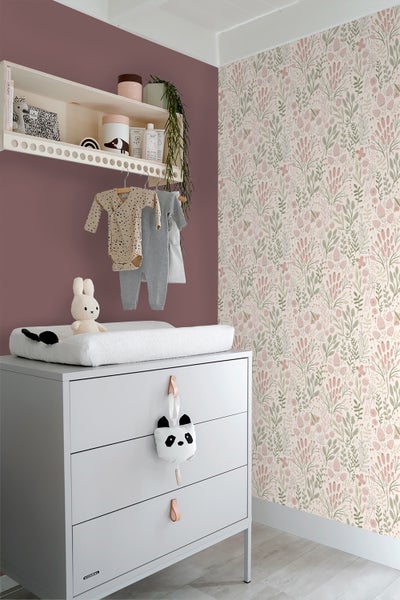 ESTAhome Tapete Blätter und Blumen Weiß und Hellrosa - 50 x 900 cm - 131384