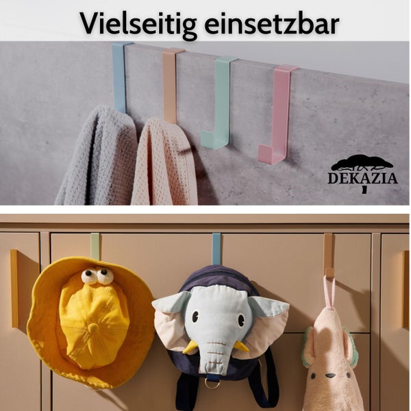 Vielseitige Metallhaken zum Aufhängen von Handtüchern, Taschen oder Hüten an Türen und Schränken. Dekazia Logo.