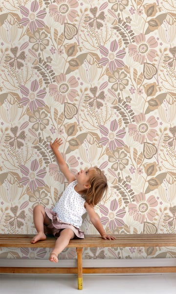 ESTAhome Tapete Blumenmuster Beige und Violett - 0.53 x 10.05 m - 139675