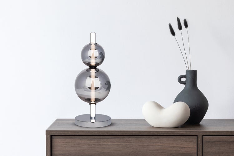 LED Tischleuchte NOVA chrom aus Metall und Rauchglas, mit integrierter LED, 44 cm hoch