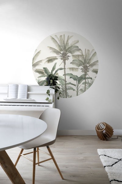 ESTAhome selbstklebende runde Tapete Palmen Hellbeige und Graugrün - Ø 140 cm - 159007
