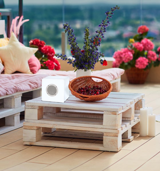 Terrasse mit Palettenmöbeln, Blumen und Dekorationen