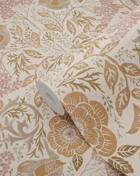 ESTAhome Tapete Blumen und Vögel im Jugendstil Beige, Terrakotta und Altrosa - 53 cm x 10.05 m - 139567
