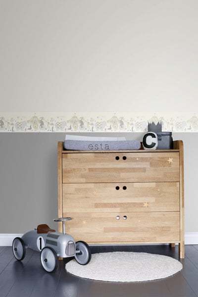 ESTAhome selbstklebende Tapetenbordüre Zirkus Hellgrau, Beige und Weiß - 26,5 cm x 5 m - 170003