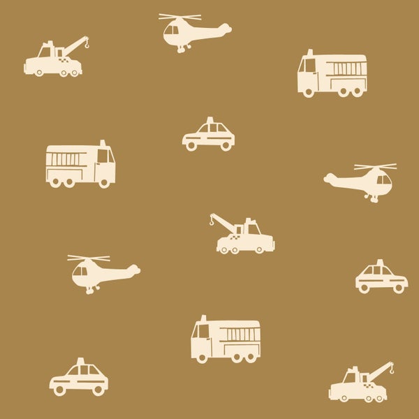 ESTAhome Tapete Autos, Löschfahrzeuge, Hubschrauber und Kräne Ockergelb - 50 x 900 cm - 131452