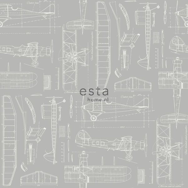 ESTAhome Tapete Kontruktionszeichnungen von Flugzeugen Taupe - 53 cm x 10.05 m - 128811