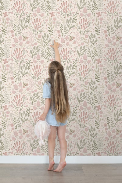 ESTAhome Tapete Blätter und Blumen Weiß und Hellrosa - 50 x 900 cm - 131384