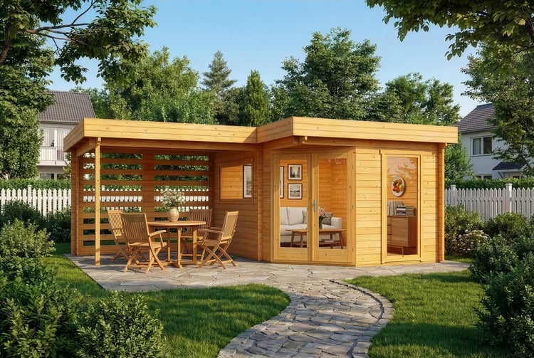 Modernes L-förmiges Gartenhaus aus hellem Holz mit Flachdach, Glaselementen und überdachter Terrasse auf einer Natursteinplatte im Garten.