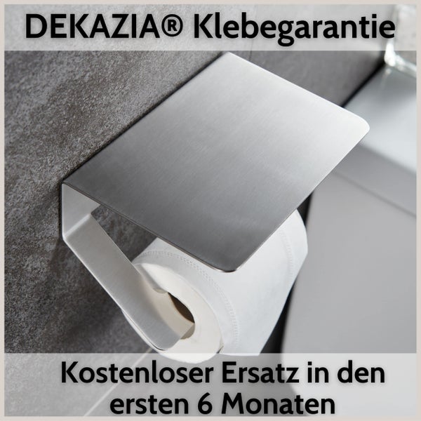 Toilettenpapierhalter mit Ablage aus Edelstahl, selbstklebend mit sechs Monaten Klebegarantie und kostenlosem Ersatz.
