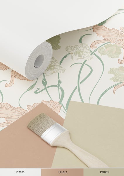 ESTAhome Tapete Blumenmuster im Jugendstil Crême-Weiß, Hellrosa und Graugrün - 53 cm x 10.05 m - 139666