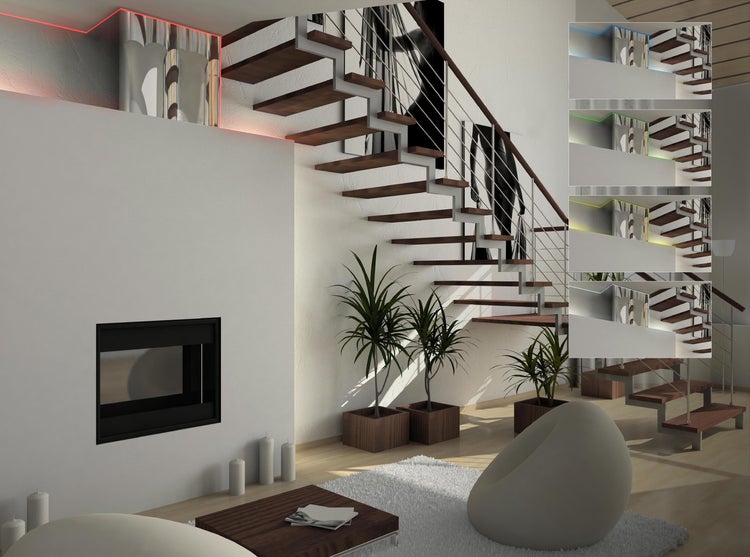 Heller Wohnraum mit freitragender Holztreppe, Kamin und Zimmerpflanzen