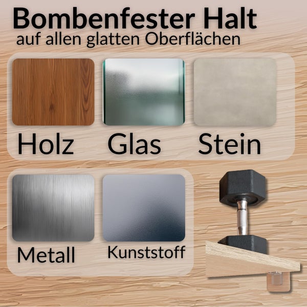 Bombenfester Halt auf glatten Oberflächen wie Holz, Glas, Stein, Metall und Kunststoff.