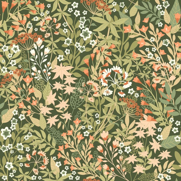 ESTAhome Tapete Feldblumen Grün und Orange - 50 x 900 cm - 131352