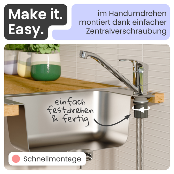 Küchenarmatur mit Schnellmontage an Spüle montiert
