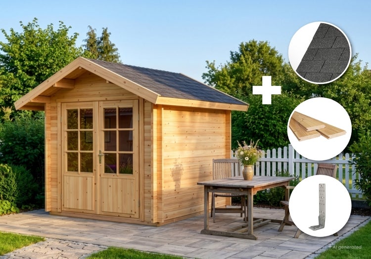 Holzgartenhaus mit Doppeltür, Dachschindeln, Fußbodenbrettern und Montagewinkeln auf einer Terrasse stehend.