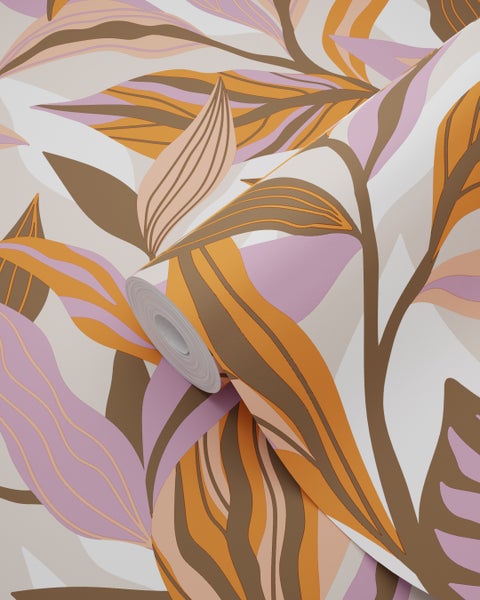 ESTAhome Tapete tropische Blätter Orange, Lila und Rosa - 50 x 900 cm - 131042