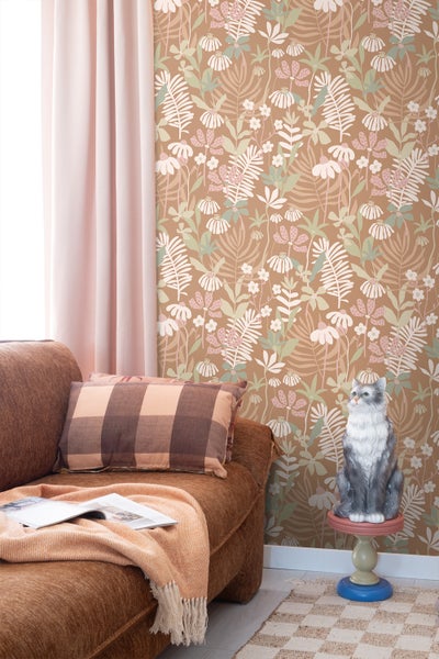ESTAhome Tapete tropische Blätter und Blüten Hellbraun und Mehrfarbig - 50 x 900 cm - 130996