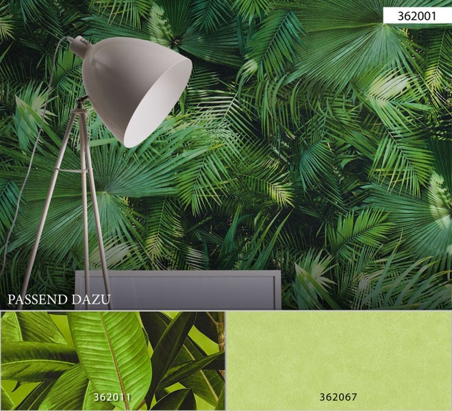 Wohnraumgestaltung mit botanischer Blättertapete und passenden Farbmustern