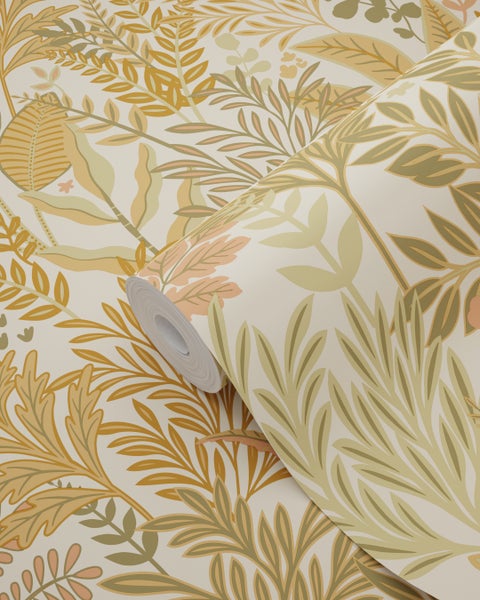 ESTAhome Tapete tropische Blätter und Blüten Terrakotta und Beige - 50 x 900 cm - 131662