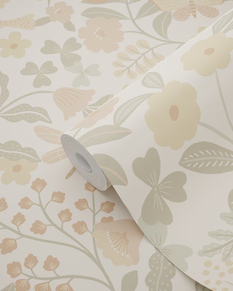 ESTAhome Tapete Blumen und Vögel Beige, Grün und Hellrosa - 53 cm x 10.05 m - 139867