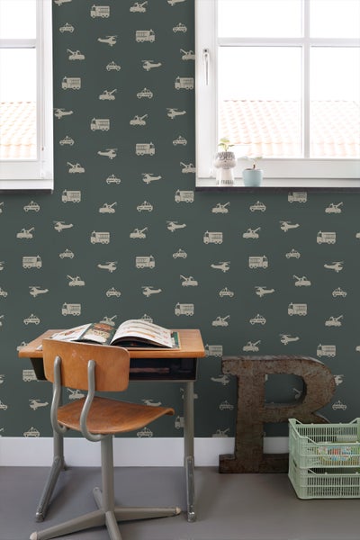 ESTAhome Tapete Autos, Löschfahrzeuge, Hubschrauber und Kräne Dunkelgrün - 53 cm x 10.05 m - 131400
