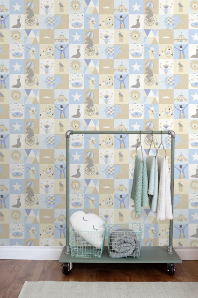 ESTAhome Tapete Zirkus Hellblau, Beige und Weiß - 53 cm x 10.05 m - 138710