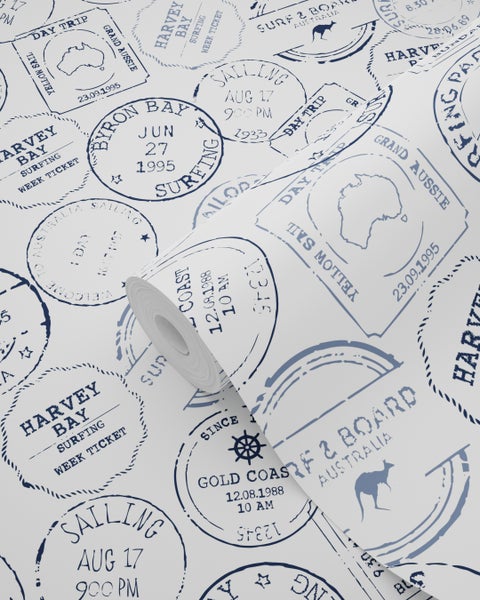 ESTAhome Tapete australische Surf-Stempel Dunkelblau und Weiß - 53 cm x 10.05 m - 138980