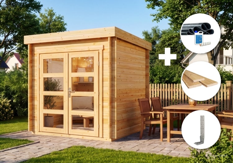 Gartenhaus aus Holz mit Flachdach und Doppeltür inklusive Zubehör wie Dachfolie, Bodenbretter und Sturmanker zur Montage im Garten.