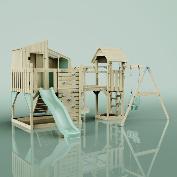 Spielplatz aus Holz mit Rutsche, Schaukel und Kletterwand