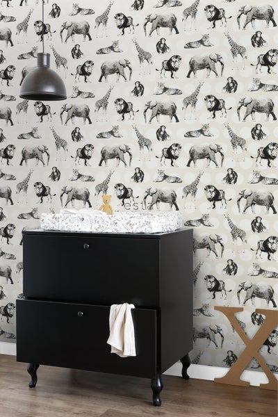 ESTAhome Tapete Tiere auf großen Punkten Weiß und Schwarz - 53 cm x 10.05 m - 128712
