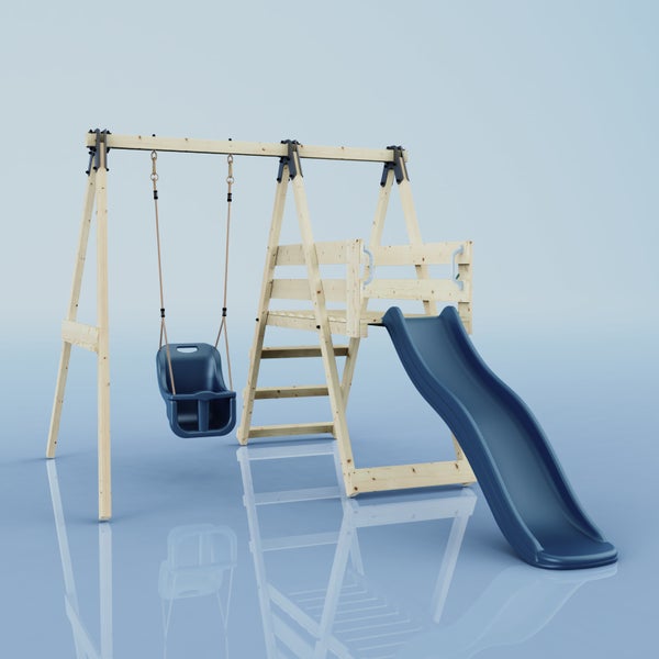 Spielturm aus hellem Holz mit einer blauen Babyschaukel und einer blauen Rutsche.