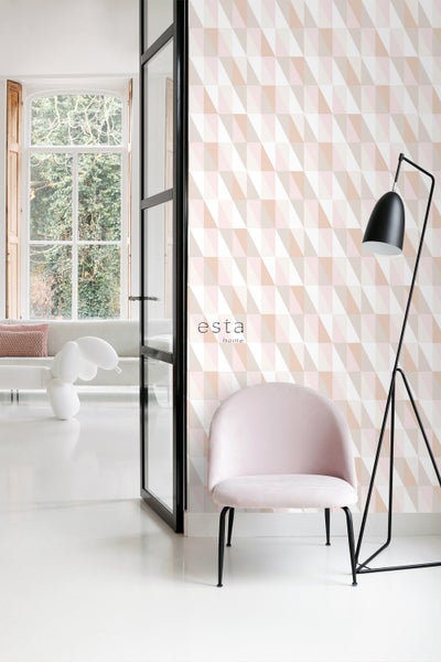 ESTAhome Tapete grafische Dreiecke Hellrosa, Dunkelorange und Beige - 53 cm x 10.05 m - 139196
