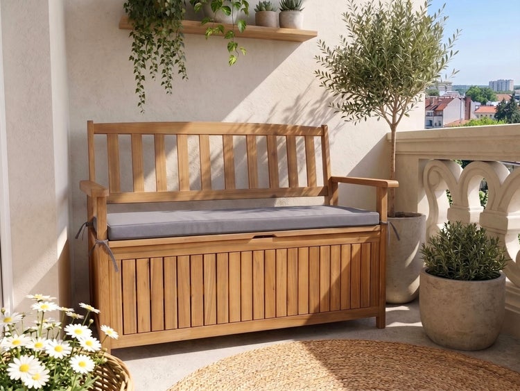 Gartenbank aus Holz mit integrierter Truhe und Sitzkissen auf einem Balkon mit Pflanzen.