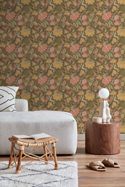 ESTAhome Tapete Blumenmuster Olivgrün, Rosa und Ockergelb - 50 x 900 cm - 131197