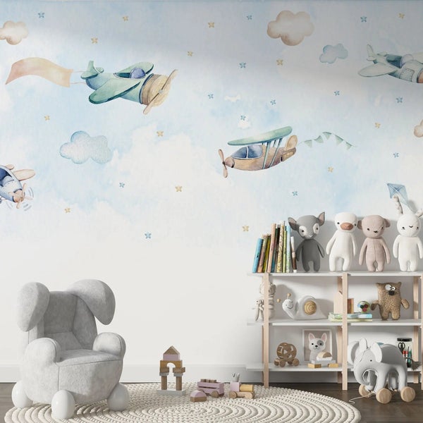 Kindertapete Flugzeuge Aquarell 600 x 300 cm